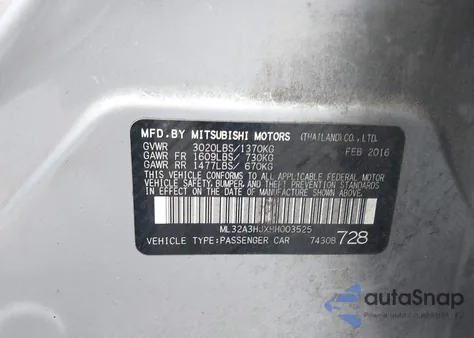 2017 Mitsubishi Mirage Es from USA, damaged, VIN ML32A3HJXHH003525